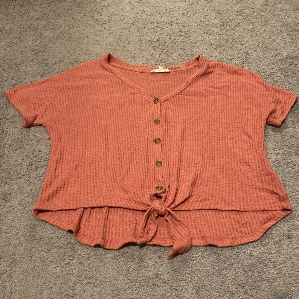 Womens Pink Waffle Knit Short Sleeve Top Crop Tie Knot Dusty Rose XL Countrycore